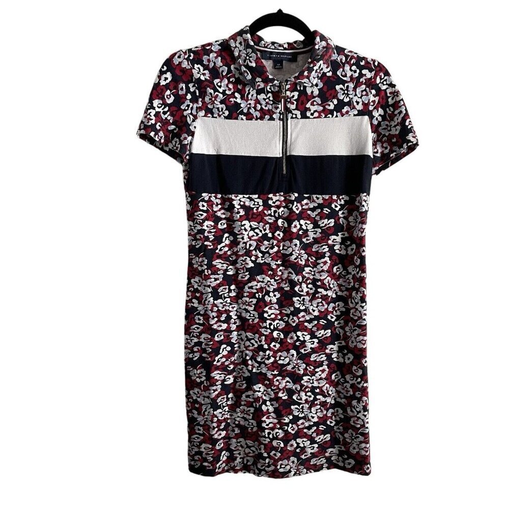 Tommy Hilfiger Women SZ S Blue/Red/White Floral 1/4 Zip Collared S/S Shirt Dress